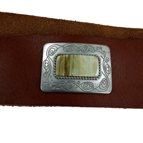 Express Wide Brown Leather Concho Silver Chunky Belt Size L  Stone Agate - Picture 7 of 7
